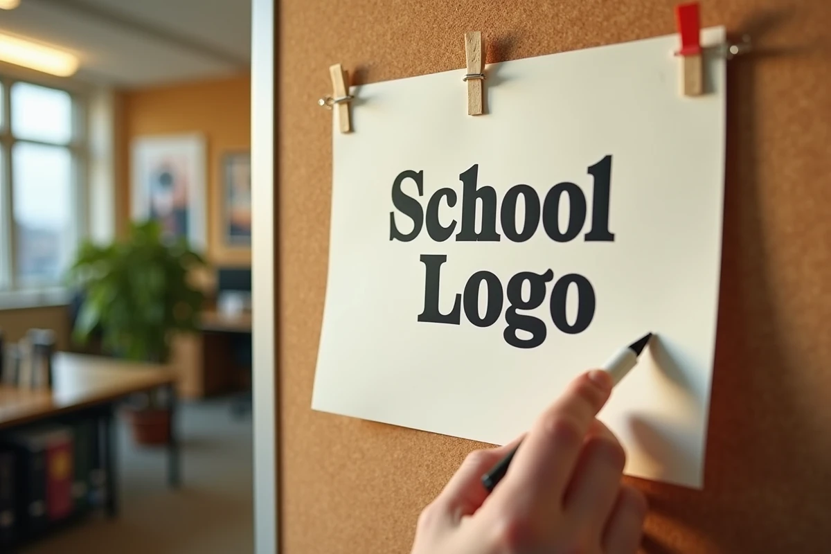 Gros plan sur des maquettes de logo scolaire avec typographies serif et sans-serif épinglées sur un tableau en liège