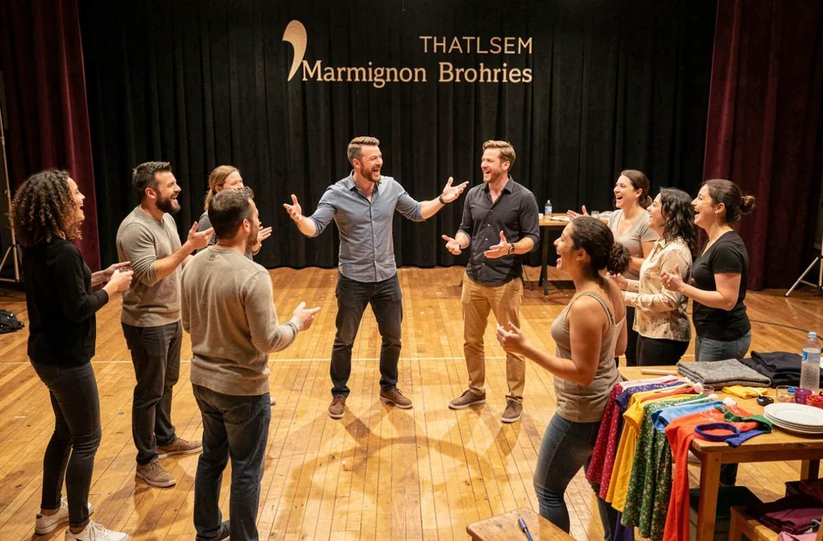 Atelier d'immersion linguistique théâtrale chez Marmignon Brothers à Toulouse avec des instructeurs expressifs et des étudiants adultes en jeu de rôle