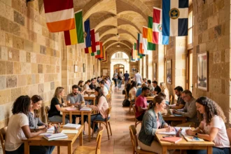 Couloir animé d'une école de langues en Haute-Garonne avec des étudiants internationaux et des drapeaux du monde entier