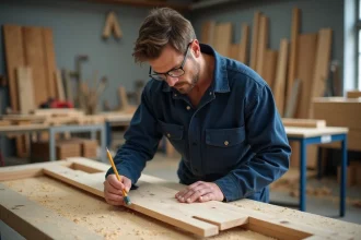 Menuisier professionnel en atelier mesurant un cadre de porte en bois, formation menuiserie reconnue sur le marché de l'emploi