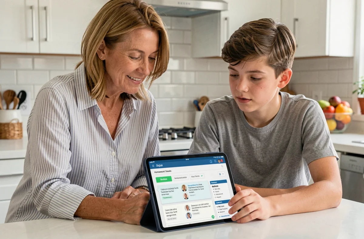 Mère et fils consultant ensemble les devoirs et messages sur une tablette connectée au portail scolaire numérique