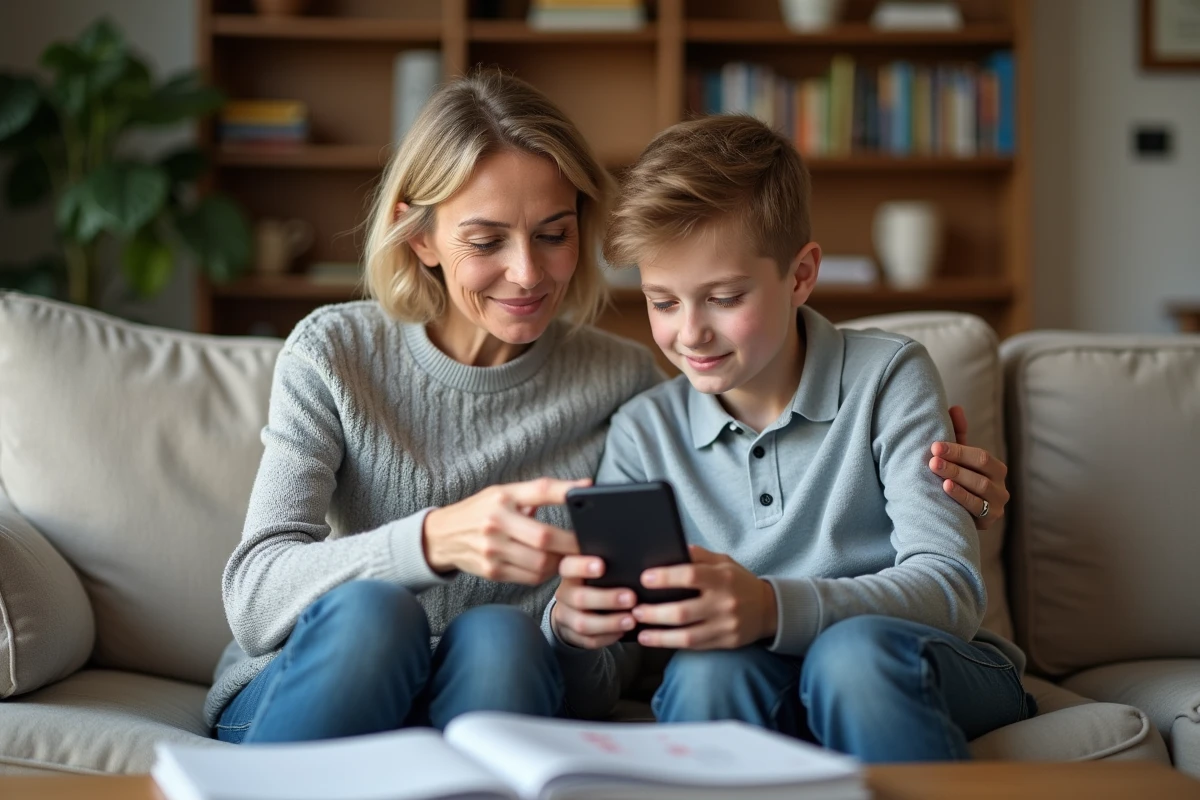 Mère et fils consultant ensemble l'ENT Mon e-collège depuis un smartphone dans le salon