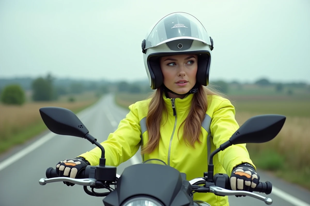 Jeune femme de 20 ans en moto A2 sur route de campagne avec équipement complet