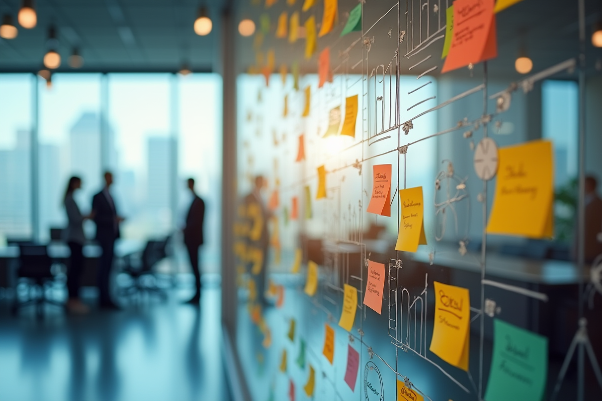 Mur de bureau avec postit colorés et graphiques dessinés à la main