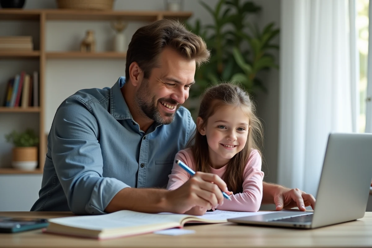 Papa aide sa fille avec ses devoirs à la maison