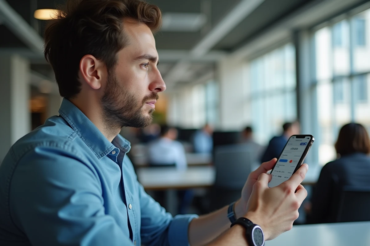 Homme consultant les paramètres de notifications Moodle sur son smartphone dans un bureau moderne