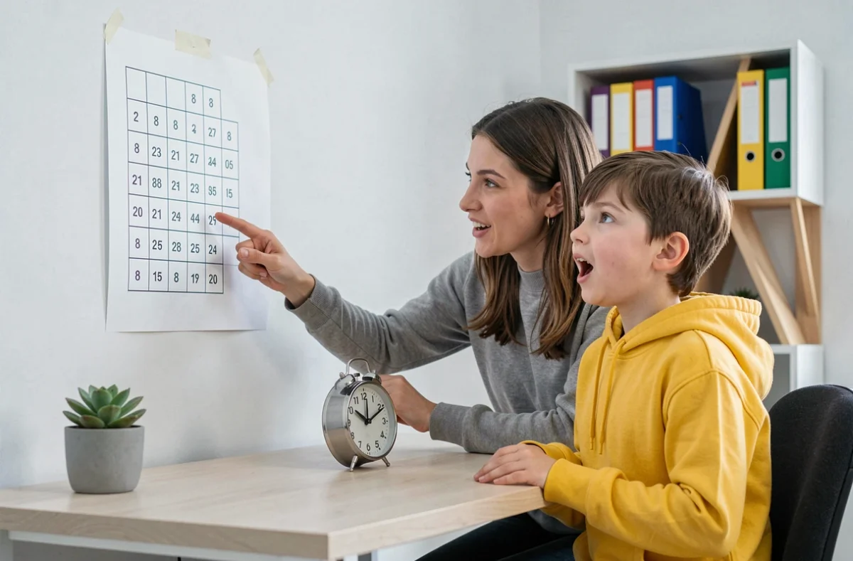 Parent aidant son enfant à mémoriser la table de 8 devant un tableau affiché au mur avec un minuteur sur le bureau