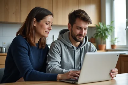 Mère et son fils étudiant consultant ensemble l'ENT universitaire sur un ordinateur portable à la maison