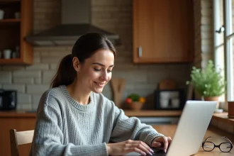 Une mère utilisant l'ENT scolaire sur son ordinateur portable dans la cuisine familiale, découvrant les fonctionnalités cachées de l'espace numérique de travail