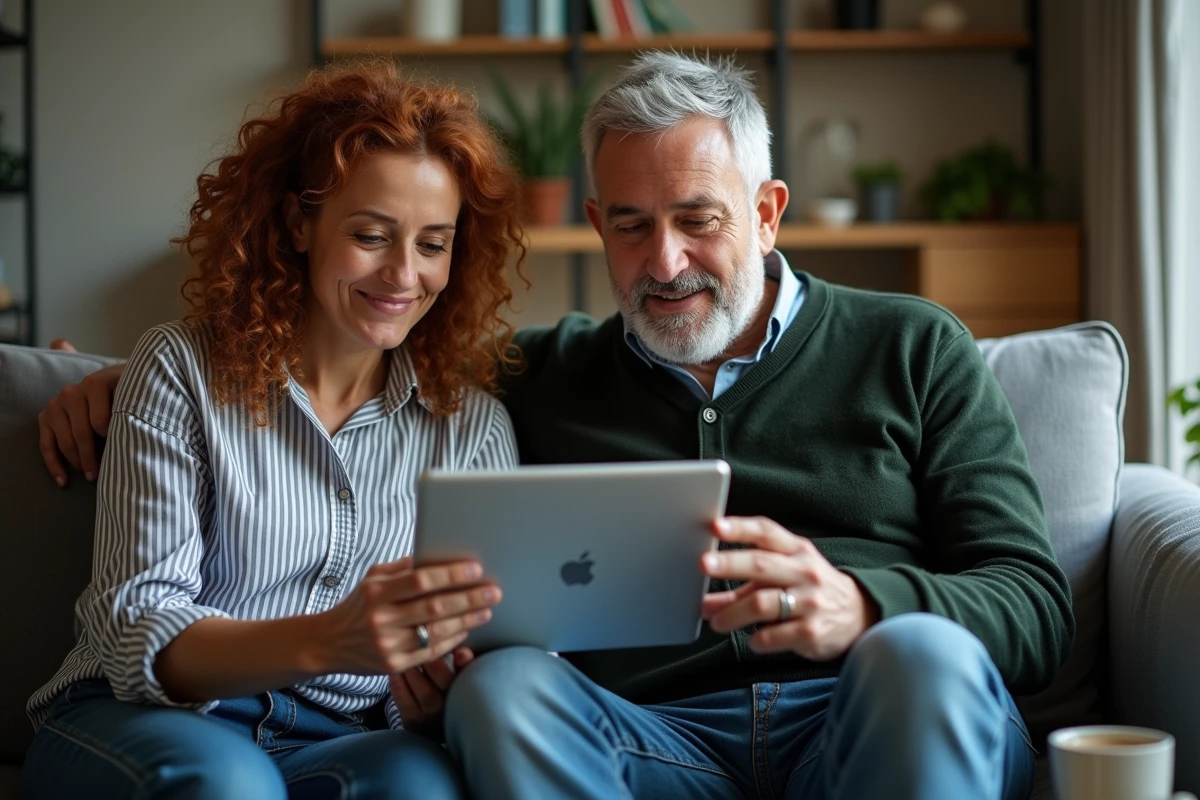 Couple de parents explorant ensemble l'espace numérique étudiant UBS ENT sur une tablette dans leur salon