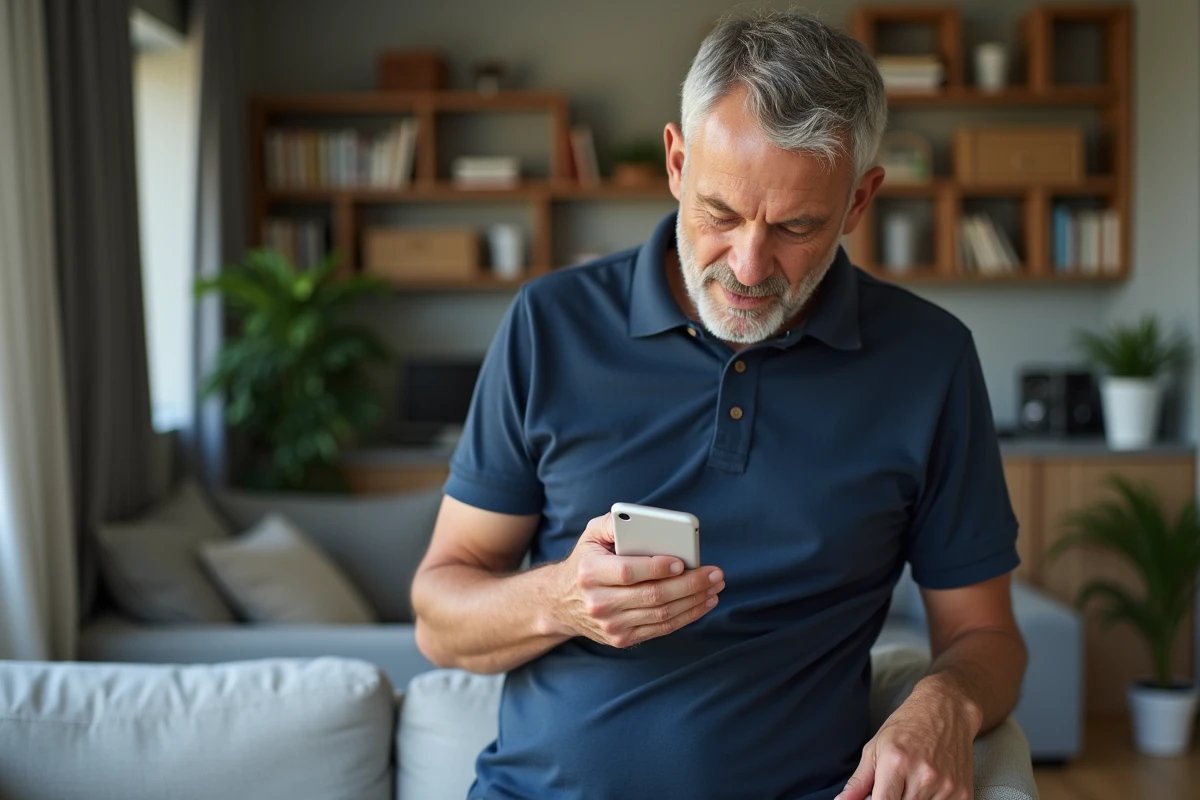 Père de famille vérifiant les absences et le suivi scolaire de son enfant via l'application ENT sur smartphone