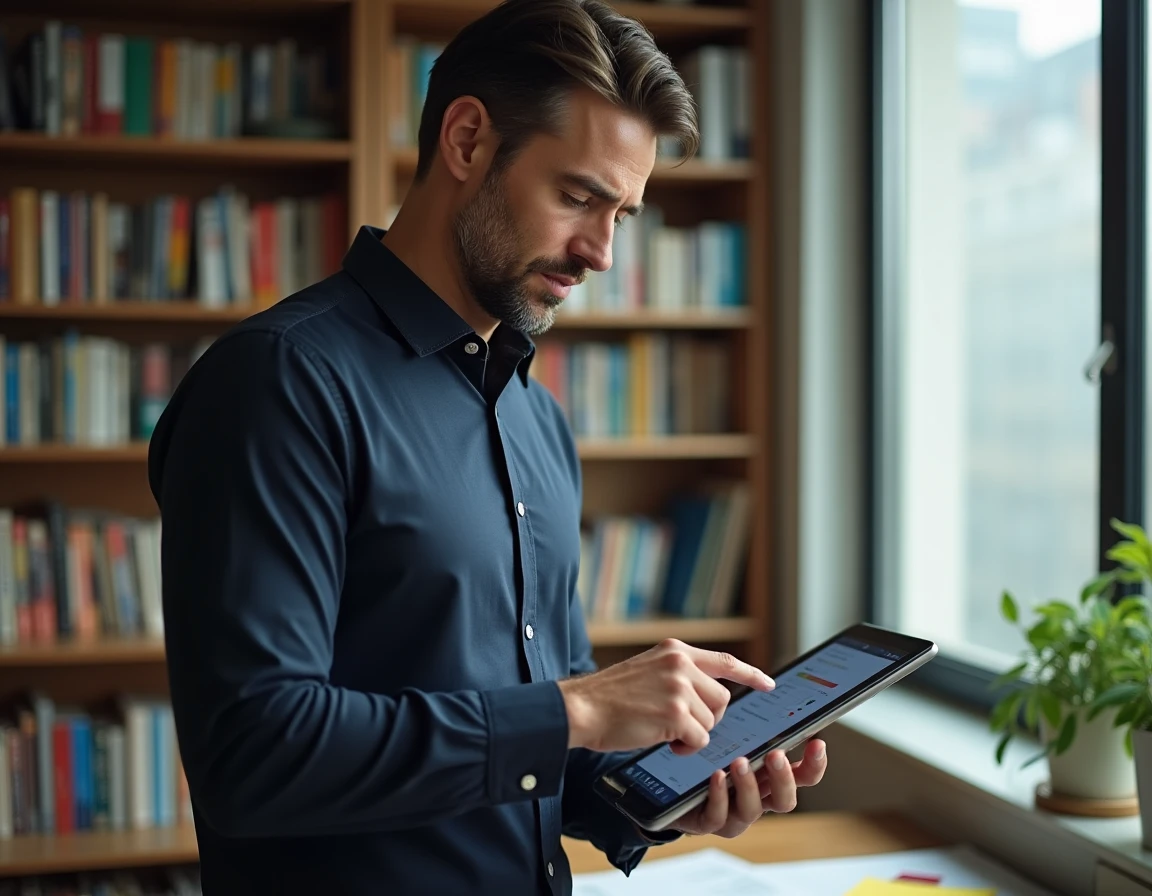 Un père consultant l'ENT sur une tablette numérique dans son bureau à domicile, explorant les outils de suivi scolaire méconnus des parents