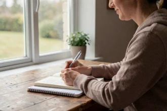 Personne qui note ses réflexions dans un carnet à son bureau