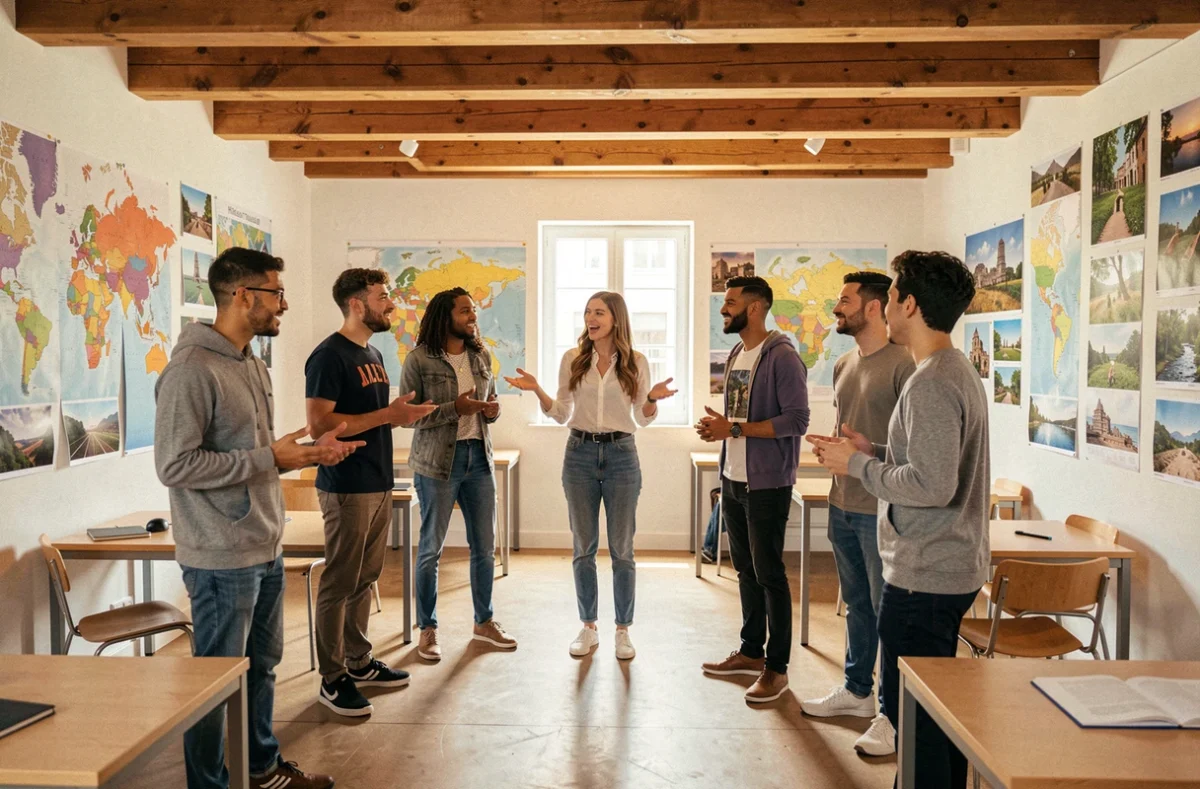 Activité de groupe en langue étrangère chez Phileas World Toulouse avec des étudiants adultes et une enseignante enthousiaste