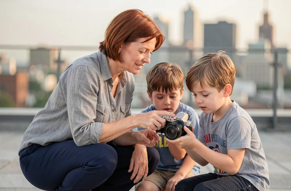 Photographe professionnelle enseignant à deux enfants la composition photographique sur une terrasse urbaine