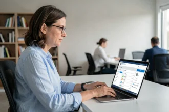 Femme utilisant un portail administratif en ligne sur son ordinateur portable dans un bureau moderne