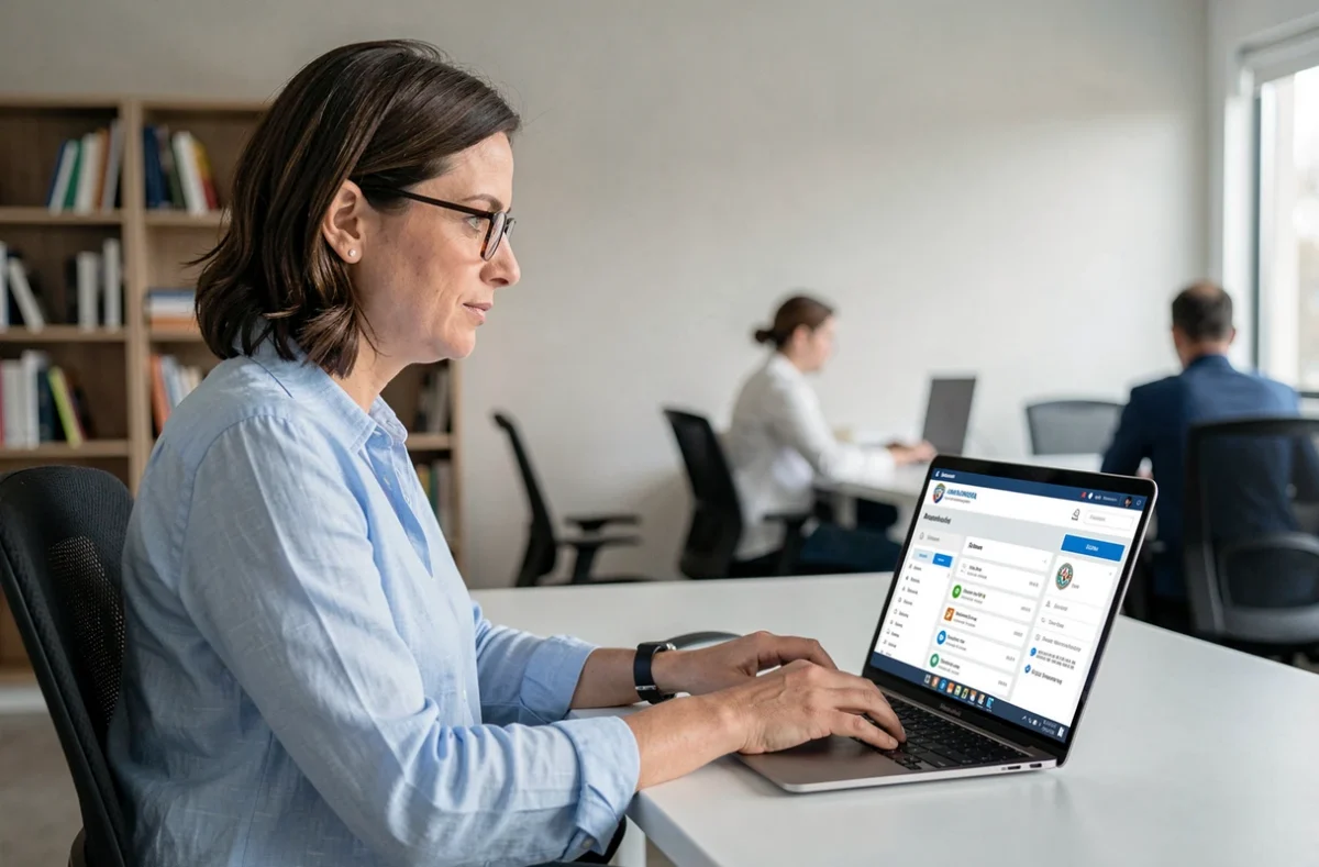 Femme utilisant un portail administratif en ligne sur son ordinateur portable dans un bureau moderne