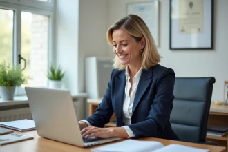 Femme professionnelle préparant son profil LinkedIn sur un ordinateur portable dans un bureau moderne avant une formation