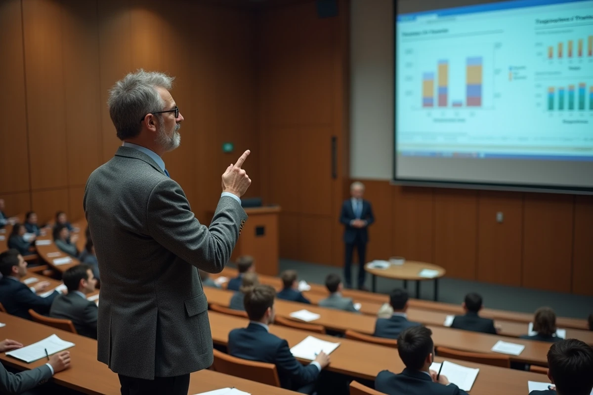 Professeur de classes préparatoires ECE donnant un cours d'économie dans un amphithéâtre face à des étudiants prenant des notes