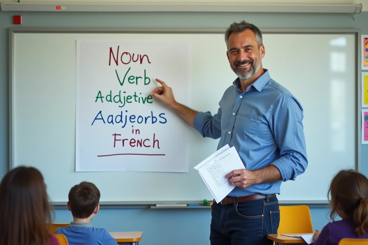 Professeur de français expliquant les classes grammaticales devant un tableau en salle de classe au collège