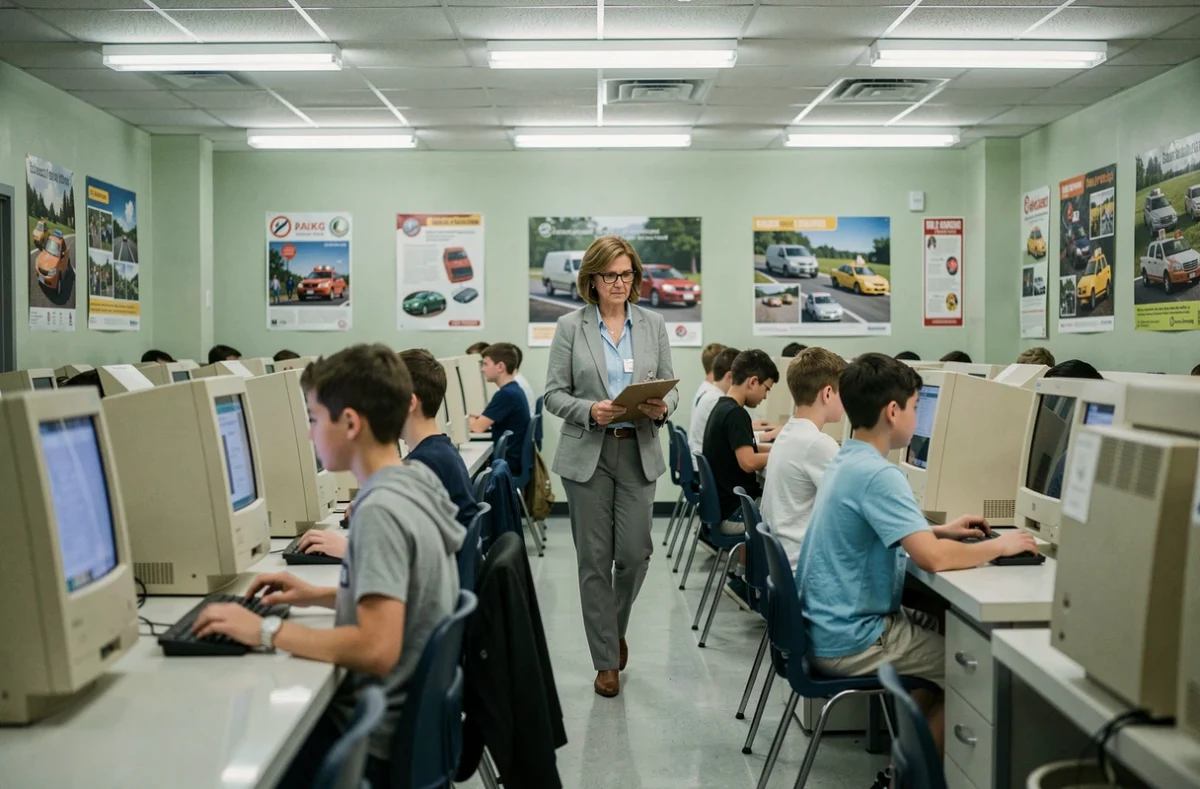 Professeur surveillant des élèves pendant l'examen ASSR sur ordinateur en salle informatique