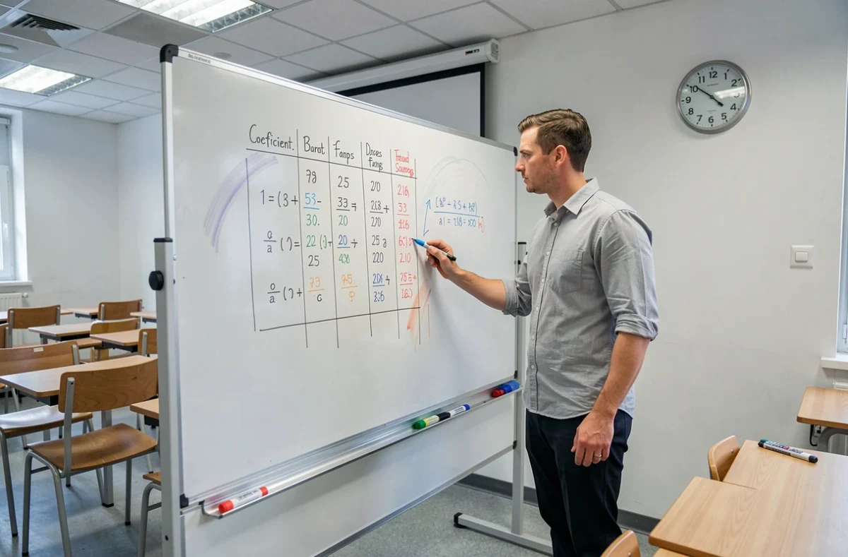 Professeur expliquant le calcul des coefficients du Bac 2026 réformé au tableau dans une salle de classe