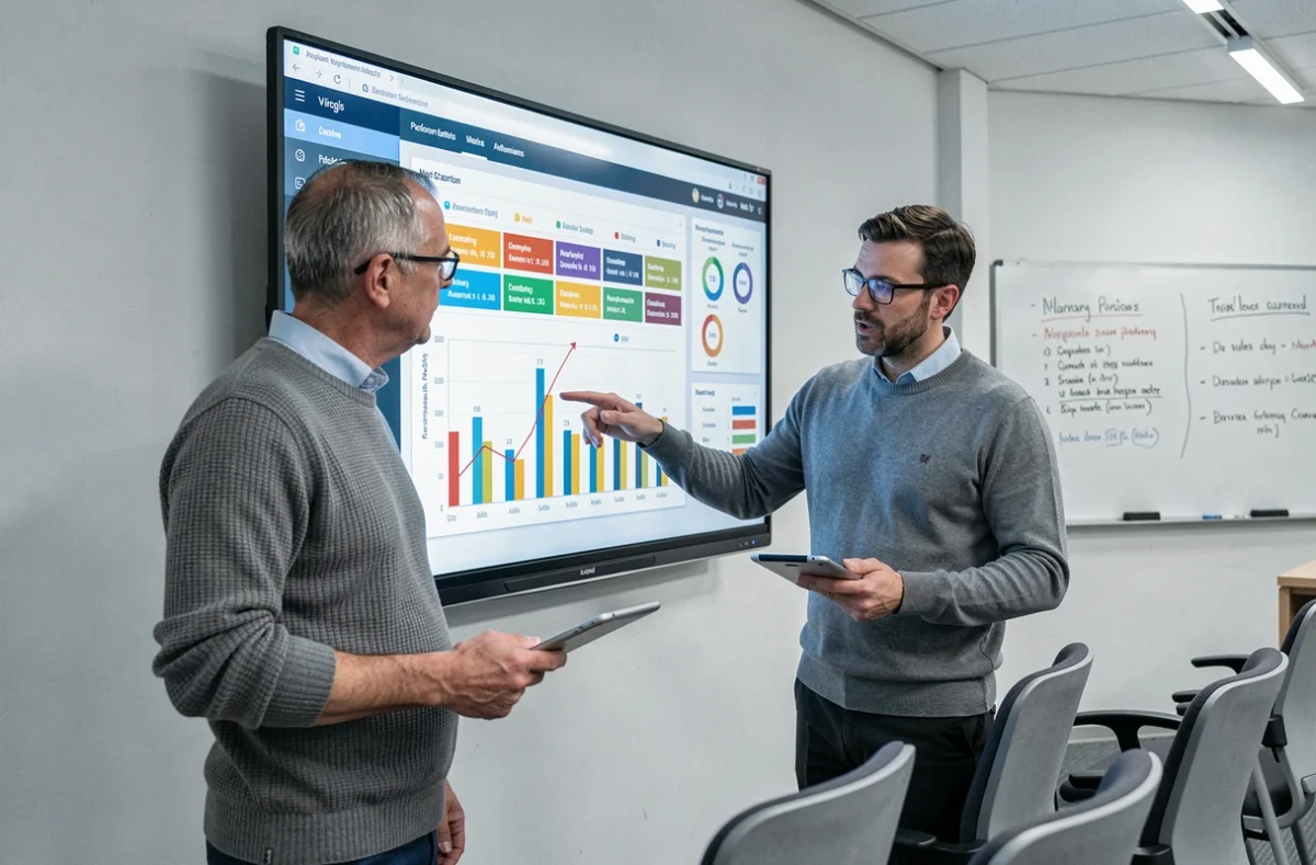 Professeur présentant des tableaux de bord d'évaluation pédagogique sur un écran interactif en salle de séminaire