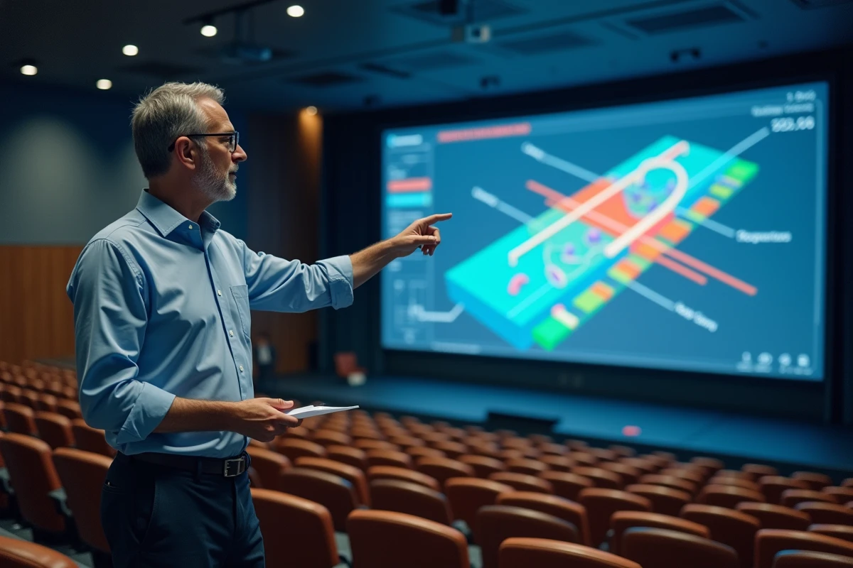 Professeur de mathématiques expliquant un système de coordonnées 3D avec des vecteurs sur un écran de projection dans un amphithéâtre universitaire