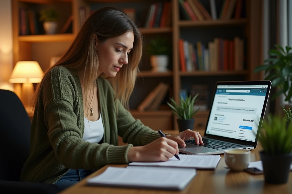 Professeure des écoles suivant une formation en ligne chez elle pour augmenter sa rémunération