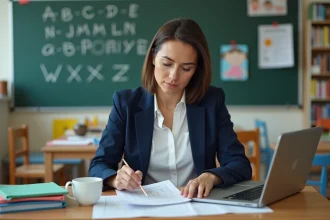 Professeure des écoles consultant ses documents de gestion salariale dans une salle de classe primaire