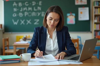 Professeure des écoles consultant ses documents de gestion salariale dans une salle de classe primaire