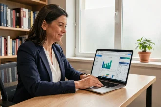 Professeure universitaire évaluant les progrès de ses étudiants sur une plateforme d'apprentissage numérique depuis son bureau