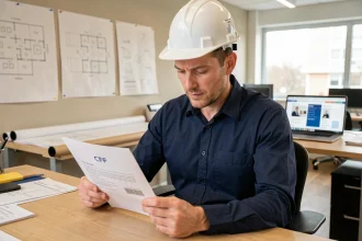 Professionnel du BTP consultant un dossier de certification CPF dans un bureau de chantier moderne
