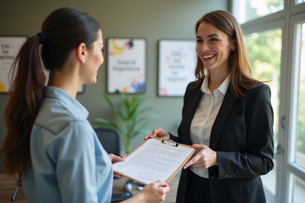 Manager RH remettant un contrat à une femme d