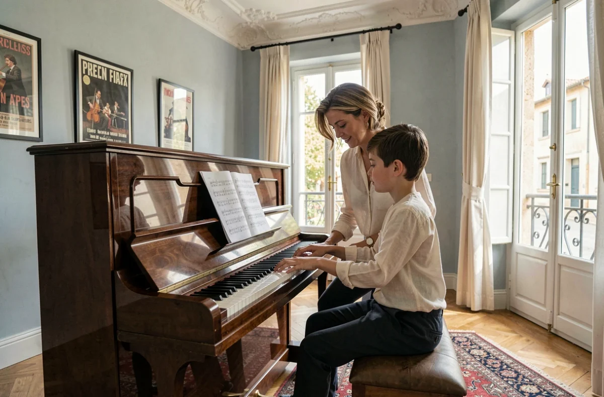 Professeure de piano donnant un cours à un jeune élève dans le salon musical élégant du Salon de Musique à Salon-de-Provence