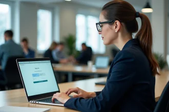 Femme professionnelle configurant les paramètres de sécurité de son compte sur un ordinateur portable dans un bureau moderne