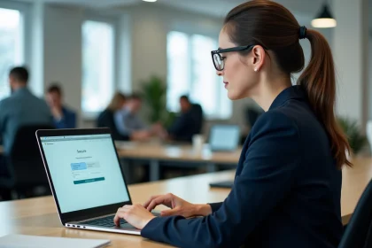 Femme professionnelle configurant les paramètres de sécurité de son compte sur un ordinateur portable dans un bureau moderne