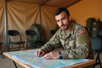 Sous-officier de l'armée de Terre en mission extérieure étudiant une carte tactique dans une tente opérationnelle