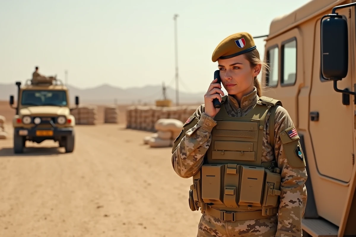 Sous-officière de l'armée de Terre en opération extérieure utilisant une radio près d'un véhicule militaire en zone aride