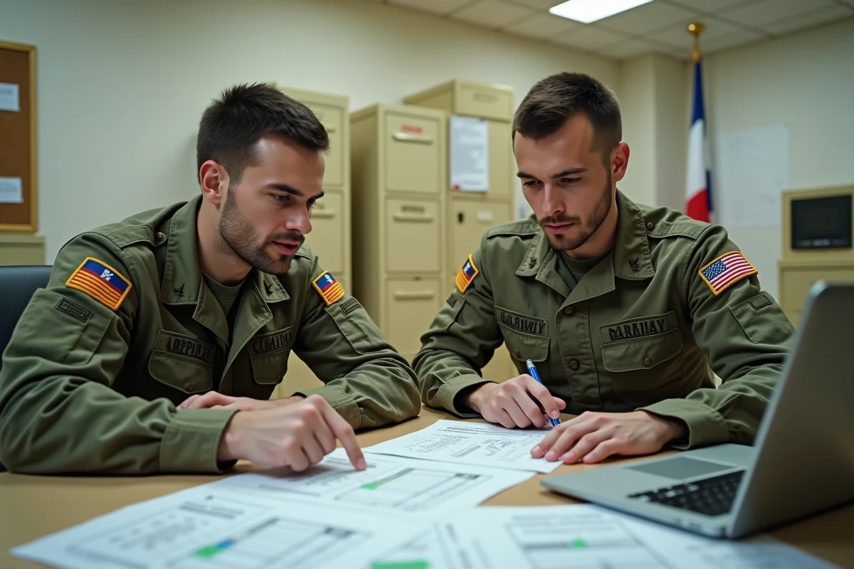 Deux sous-officiers de l'armée de Terre examinant des documents de solde en mission extérieure dans un bureau administratif militaire