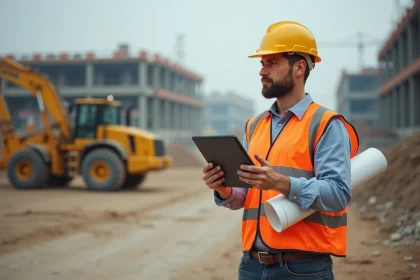 Surveillant de chantier en extérieur avec tablette et plans