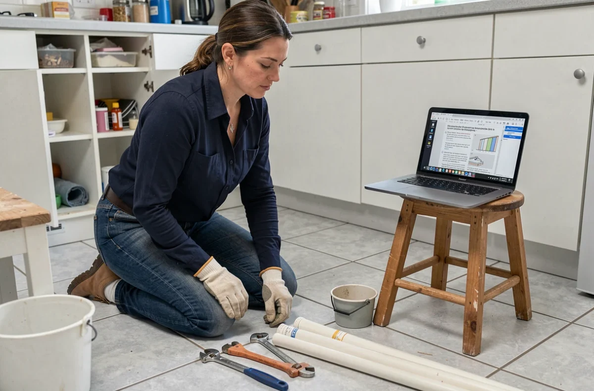 Femme suivant un tutoriel de plomberie en ligne sur un ordinateur portable dans une cuisine