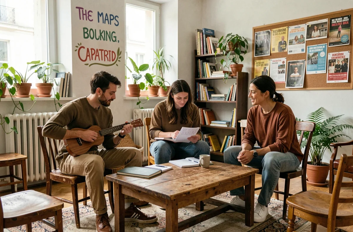 Groupe d'adultes participant à un atelier musical décontracté dans l'espace créatif d'Un Air de Rien à Marseille