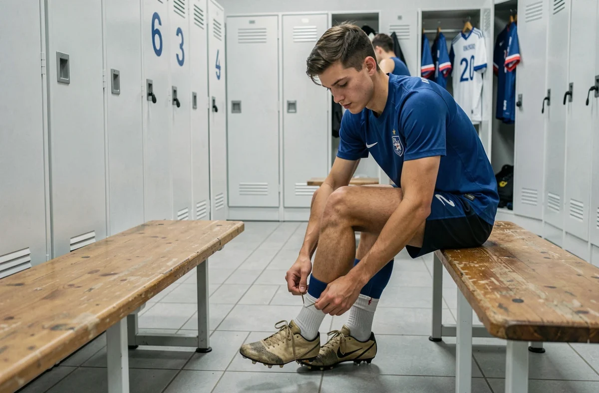 Jeune footballeur du centre de formation de l'OM préparant ses crampons dans le vestiaire avant un match officiel