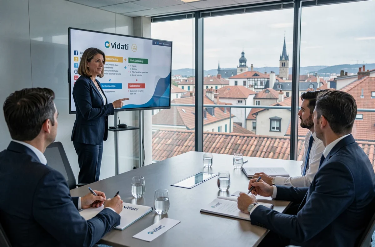 Formation linguistique professionnelle chez Vidati à Toulouse avec une formatrice présentant un support multilingue à des professionnels adultes