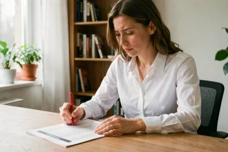 Femme consultant une liste métier professionnelle avec attention, stylo rouge à la main, dans un bureau moderne