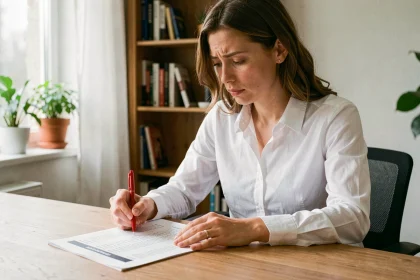 Femme consultant une liste métier professionnelle avec attention, stylo rouge à la main, dans un bureau moderne